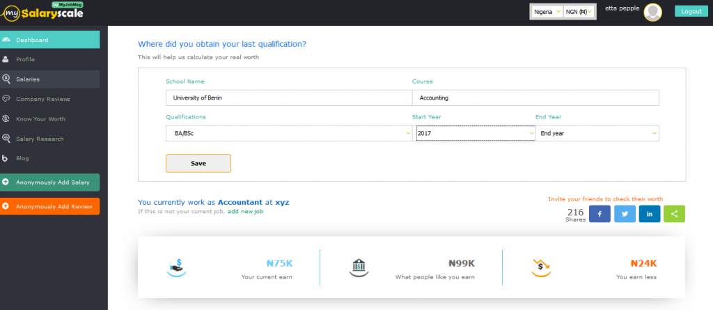 mysalaryscale know your worth result page